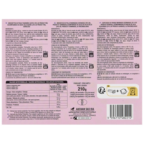 AUCHAN Brochetas de pollo Yakitori 8 uds. 210 g Producto Alcampo.