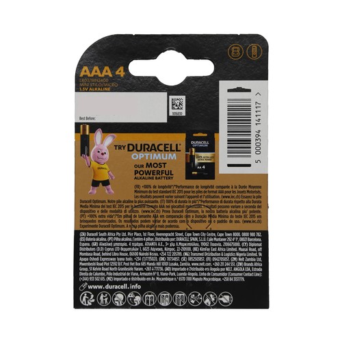 Pack de 4 pilas alcalinas AAA, LR03, 1,5V, DURACELL Plus.