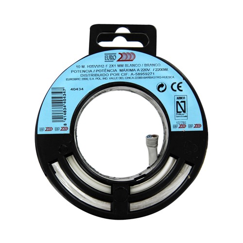 Rollo de 10 metros de cable plano, de color blanco y sección de 2x1mm. EUROBRIC 2000 H05VV2-F.