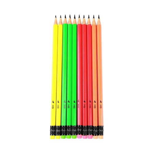 Set 10 lápices de grafito HB con goma, colores neon, ALCAMPO