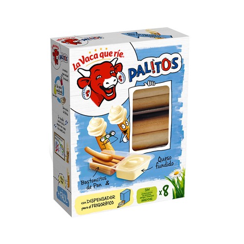 Queso fundido con colines (bastoncitos) de pna para untar LA VACA QUE RÍE PALITOS 35 g. pack de 8 uds.