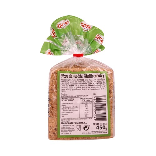 GOTRI Tradi Pan Gourmet Pan de molde con semillas y cereales 450 g.