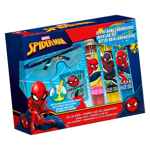 MARVEL Spiderman Estuche con gel y champú de baño en tubos de ensayo (3) + gafas + vaso mezclador.