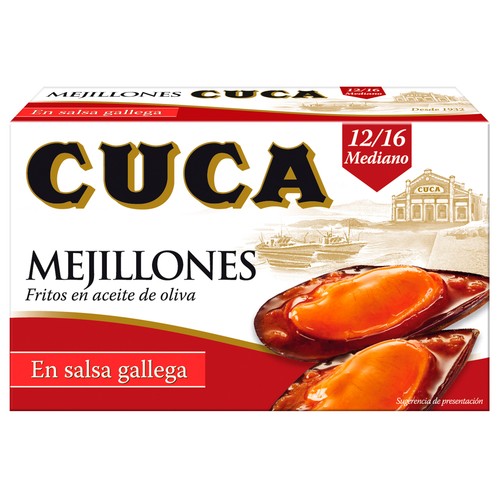CUCA Mejillones fritos en aceite de oliva,salsa Gallega, 12/16 piezas lata de 65 g.