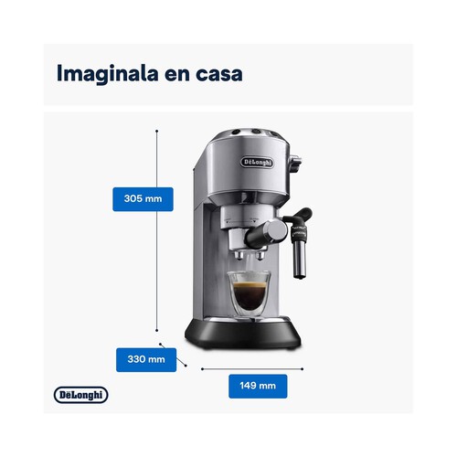 Cafetera espresso DE`LONGHI Dedica EC 685.M metal, presión 15 bar, café molido o monodosis, depósito 1,3L, calienta tazas.