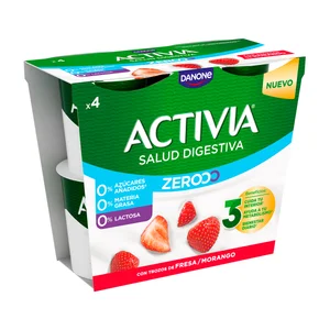 ACTIVIA Triple zero de Danone Bífidus desnatado (0% materia grasa), sin lactosa y con trocitos de fresa 4 x 120 g.