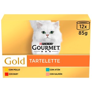 PURINA GOURMET Gold Surtido de comida para gatos húmeda a base de salmón, pollo, buey o atún 12 x 85 g.