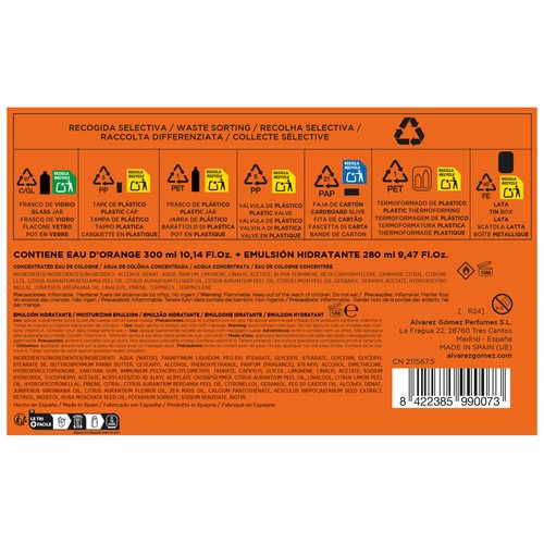 ALVAREZ GÓMEZ Orange Estuche (lata) con colonia concentrada (150 ml) y emulsión hidratante (280 ml).