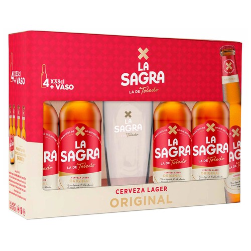 LA SAGRA Premium lager estuche de cervezas 4 uds x 33cl + vaso.