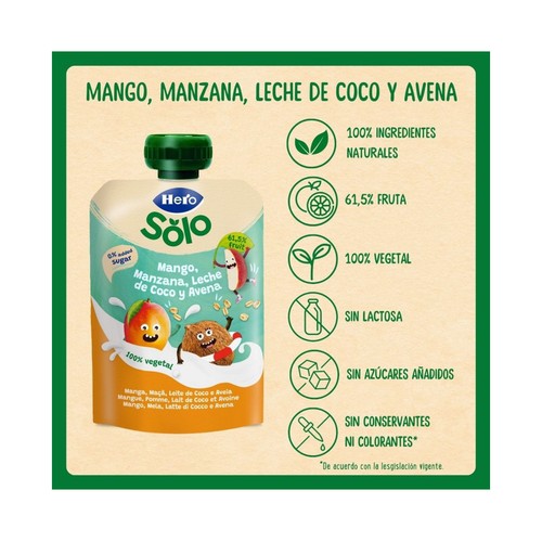 HERO Solo Bolsita (pouch) de fruta (mango, manzana) con leche de coco y avena, a partir 6 meses 100 g.