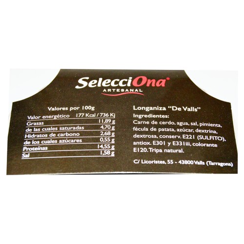 Longaniza "de Valls", elaboradas sin gluten ni lactosa SELECCIONA 500 g.