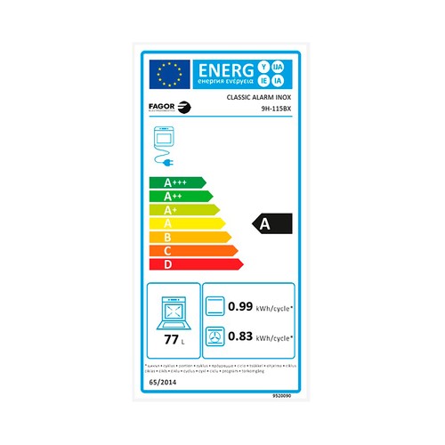 Horno multifunción hidrolítico FAGOR 9H-115BX inox, capacidad: 77L, A, A: 59,5cm, H: 59,5cm, F: 57cm.
