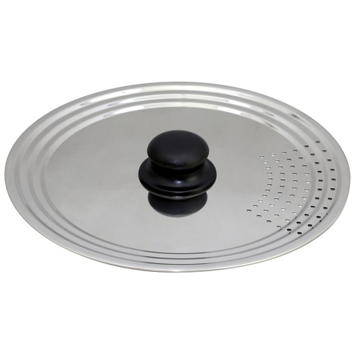 Tapa de acero inoxidable con colador incorporado para sartenes de 22 a 26 cm. ESSENTIAL.