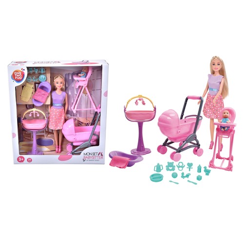 Set de Muñeca Cuidadora + accesorios ONE TWO FUN ALCAMPO, 20 piezas +3 años.