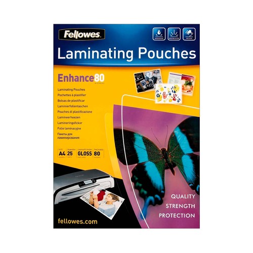 Pack de 25 fundas para plastificar A4, brillo, 80 mic. FELLOWES.