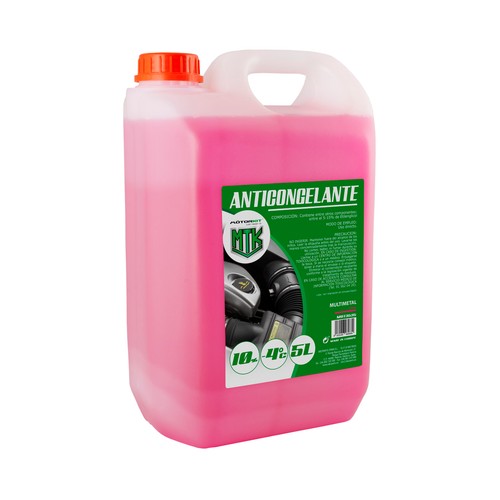 Líquido refrigerante con temperatura de protección de hasta -4ºC, 5L rosa, 10% Monoetilenglicol, MOTORKIT.
