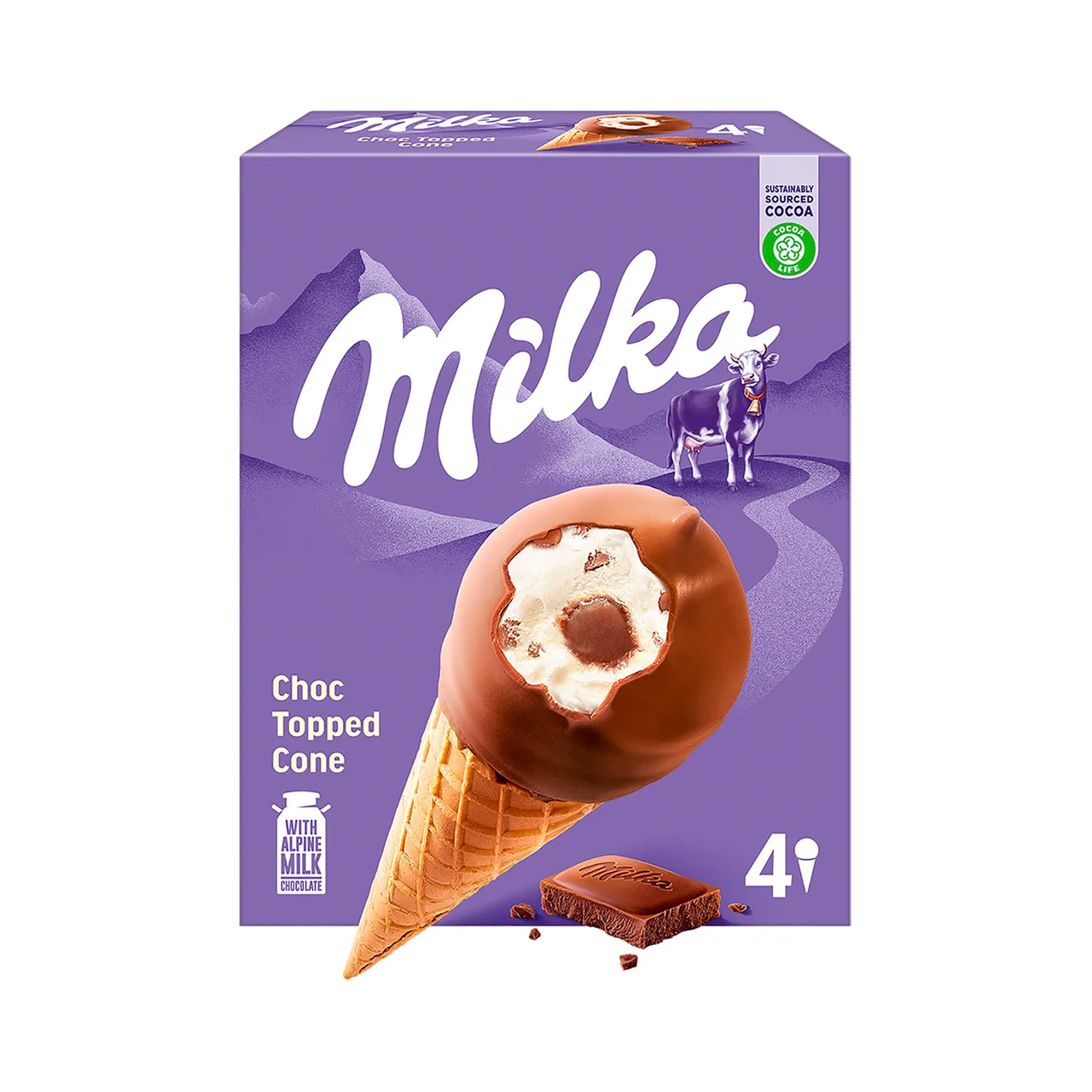 Cono de helado de vainilla con corazón de avellana, recubierto de chcolate con leche 4 x 100 ml.