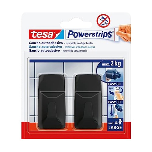 Pack de 2 ganchos de pared negro rectangular, +4 tiras adhesivas, TESA.