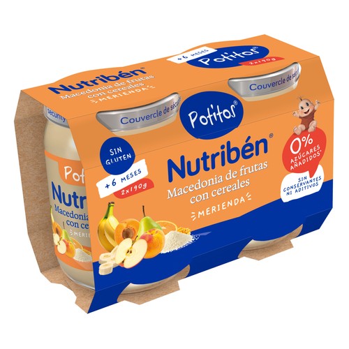 NUTRIBÉN Potitos® de macedonia de frutas con cereales, a partir de 6 meses 2 x 190 g.