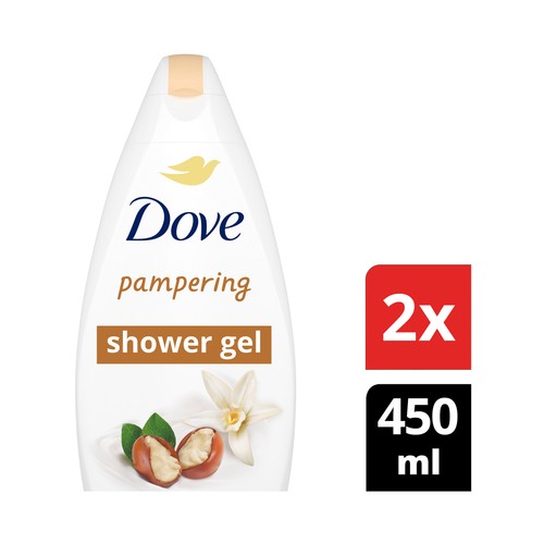 DOVE Gel para baño o ducha con manteca de karité y aroma de vainilla 2 x 450 ml.