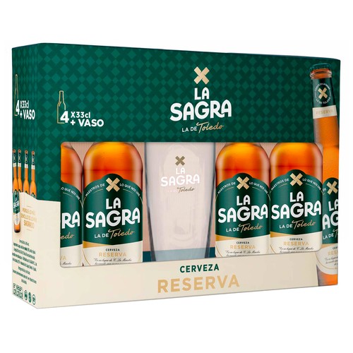 LA SAGRA  Doble malta pack de cerveza extra 4 uds 33 cl. + vaso