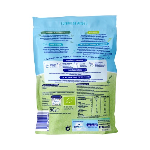 ALMIRÓN Crema de arroz ecológico, a partir de 4 meses ALMIRÓN Cereales ecológicos 200 g.