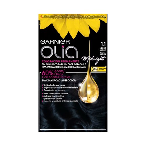 GARNIER Olia Tinte de pelo permanente color negro safiro, tono 1.1.