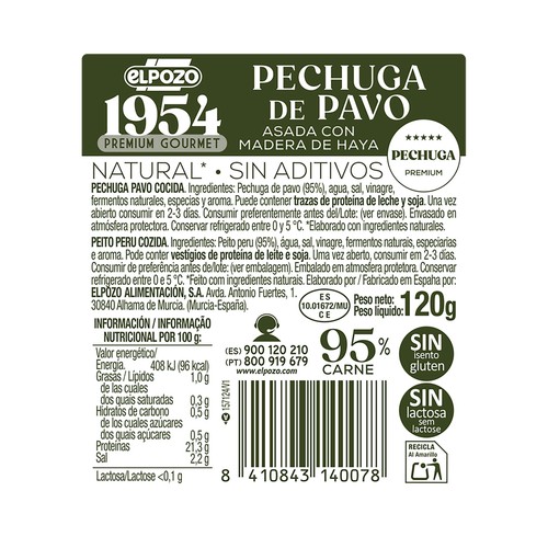 EL POZO 1954 Premium gourmet Pechuga de pavo asada con madera de haya cortada en lonchas 120 g.