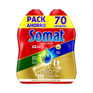 SOMAT Detergente lavavajillas máquina gel antigrasa SOMAT 2 uds 70 lava 1260 ml.