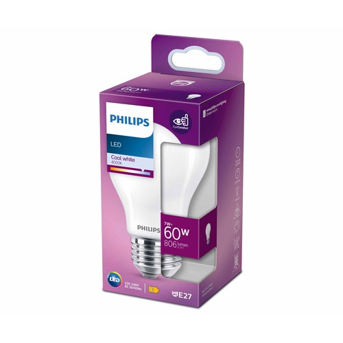 Bombilla Led E27, 7W=60W, luz neutra 4000K, 806lm, PHILIPS.