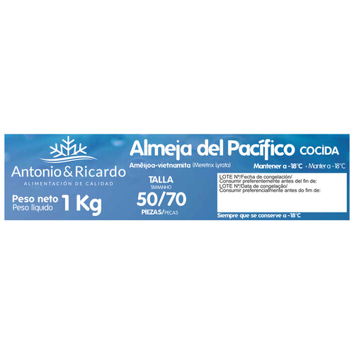 ANTONIO Y RICARDO Almeja 50 / 70 del pacífico cocida y ultracongelada ANTONIO Y RICARDO 1 kg.