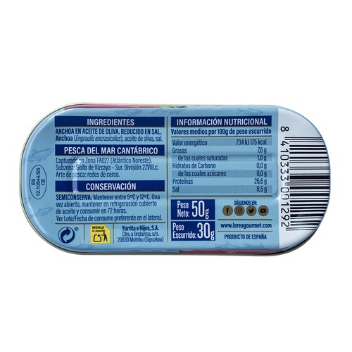 LOREA Filetes de anchoa del Cantábrico en aceite de oliva LOREA 30 g.