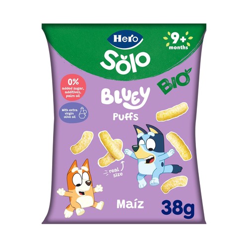 HERO Solo Snacks infantiles no fritos de maíz con aceite de oliva virgen extra, a partir de 9 meses 38 g.