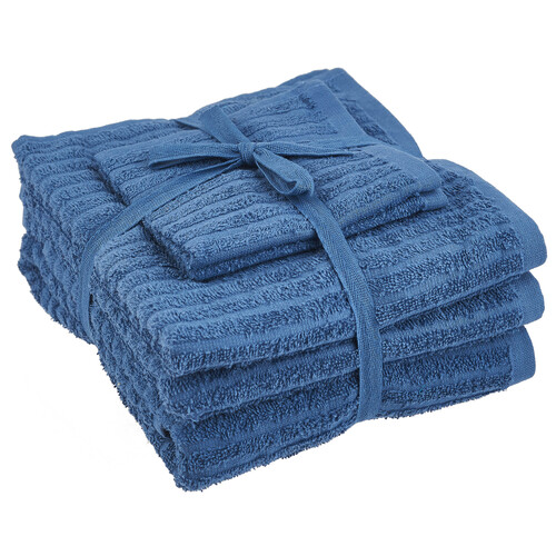 Juego de 5 toallas de canalé, 100% algodón, densidad de 400g/m², color azul, ACTUEL.