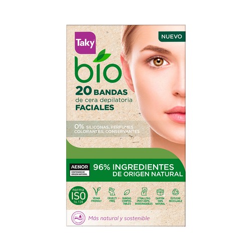 Bandas bio compostables de cera depilatoria faciales TAKY Bio 20 uds.