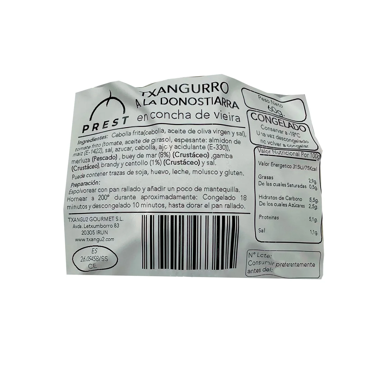 Txangurro a la donostiarra en concha de vieira 60 g.
