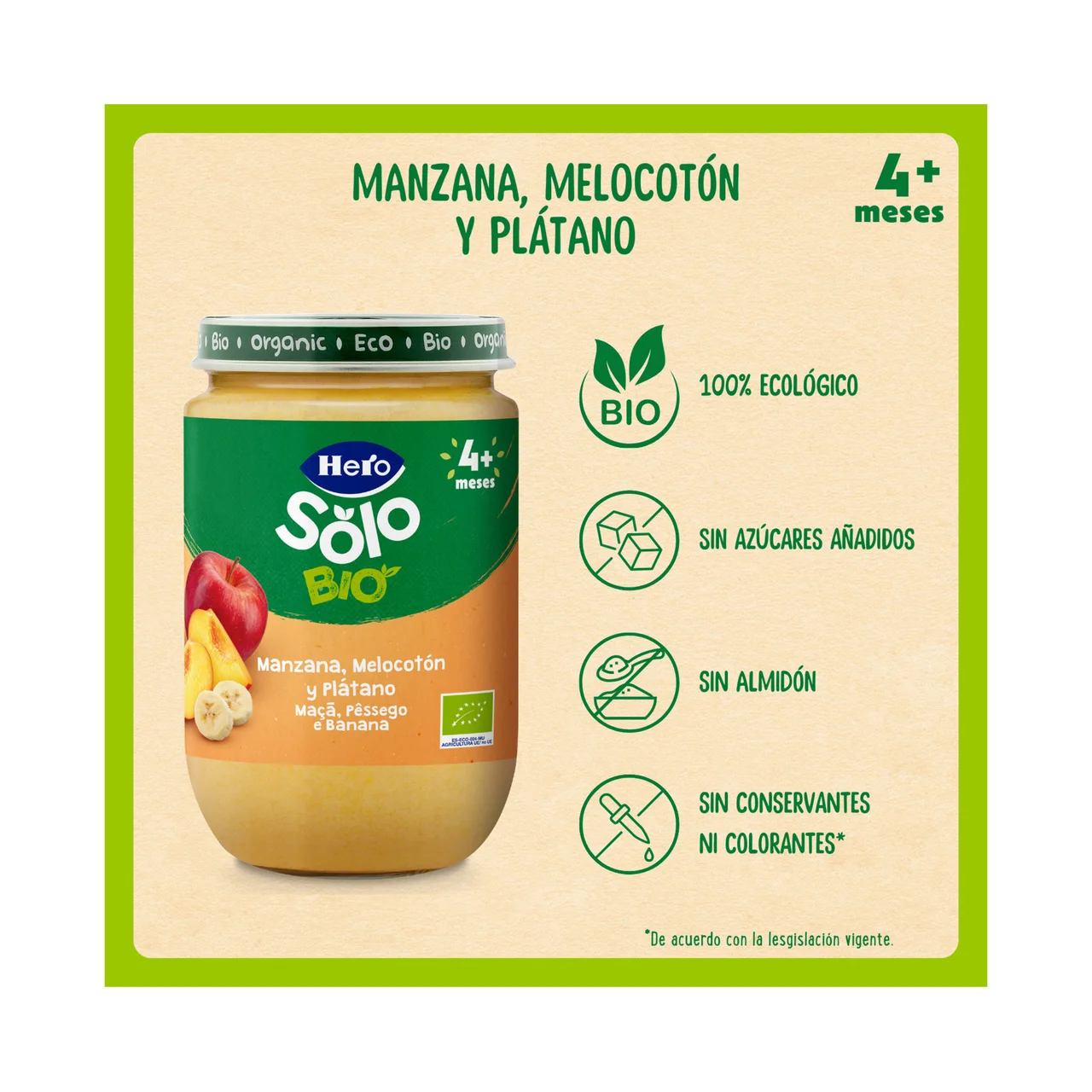 HERO Solo bio Tarrito de fruta (manzana, melocotón y plátano), ecológicas a partir de 4 meses 190 g