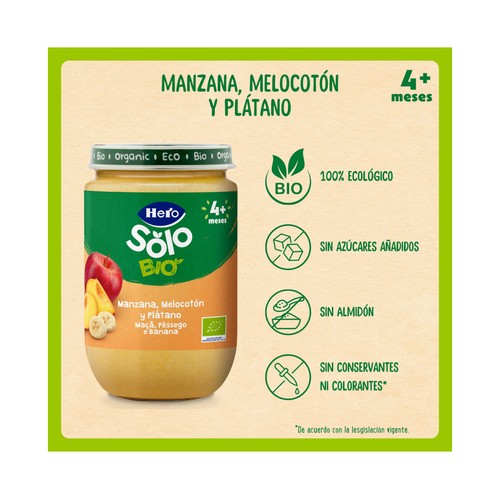 HERO Solo bio Tarrito de fruta (manzana, melocotón y plátano), ecológicas a partir de 4 meses 190 g