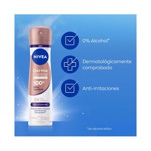 NIVEA Derma control clinical Desodorante en spray para mujer, antitranspirante hasta 100 horas 150 ml.