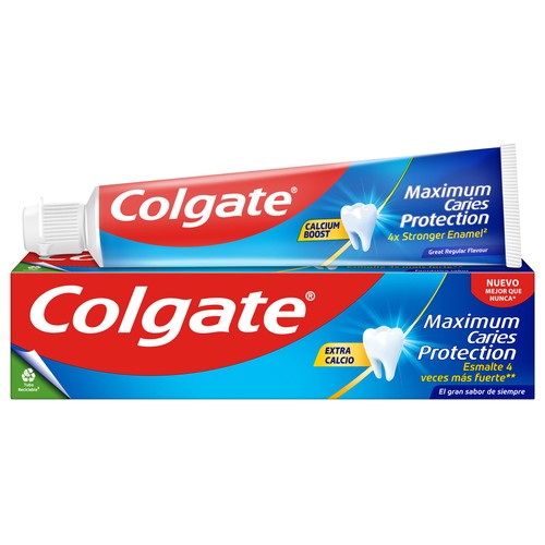 COLGATE Protección caries Pasta de dientes con flúor, calcio y protección contra las caries, sabor tradicional.