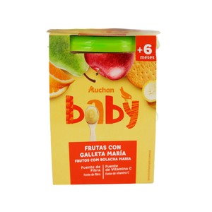 Imagen de ALCAMPO BABY Tarrito de frutas (manzana, plátano, naranja y pera) con galleta maría, a partir de 6 meses ALCAMPO BABY 2 x 200 g.