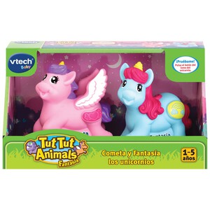 Pack de 2 unicornios, Cometa y Fantasía, con rudas, luz, frases y sonidos, VTECH Tut Tut Animals.