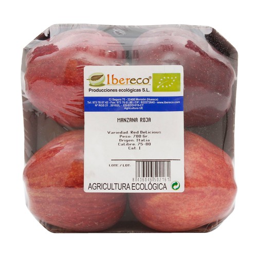 Manzanas rojas ecológicas, bandeja 700 g.