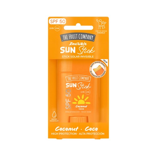 THE FRUIT COMPANY Protector solar en stick con FPS 50 (muy alto), resistente al agua y con aroma a coco.