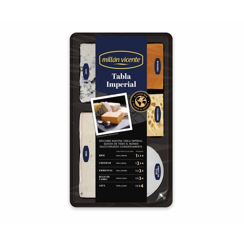 MILLÁN VICENTE Tabla de quesos Brie, Cheddar, Emmental, Cabra y Azul 250 gr.