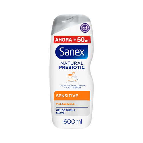 SANEX Gel de ducha o baño, para piel sensible, que ayuda calmarla SANEX Natural prebiotic sensitive 600 ml.