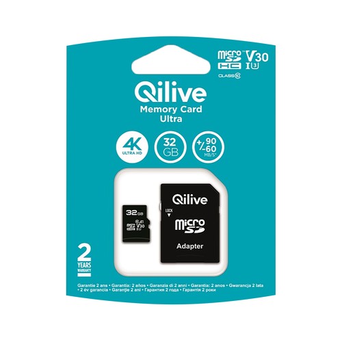 Tarjeta de memoria QILIVE MicroSDHC 32GB, clase 10, para 4K, adaptador SD.
