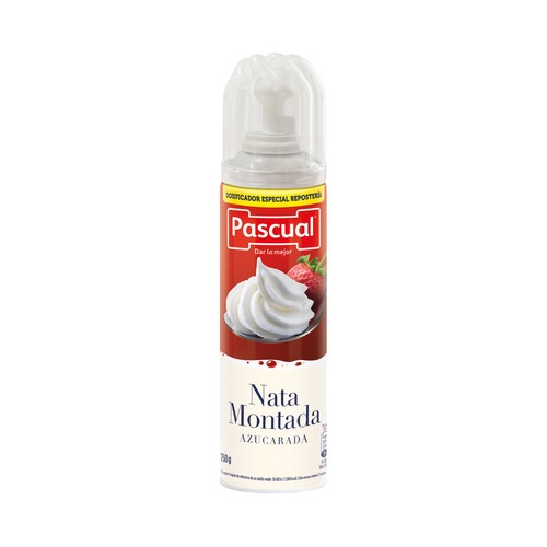 Nata montada azucarada en spray , con dosificador especial para reposteria PASCUAL 250 g.