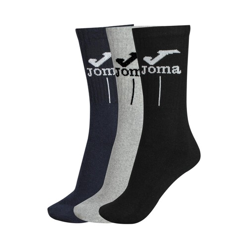 Pack de 3 pares de calcetines deportivos de rizo JOMA, color azul/negro/gris, talla 39/42.
