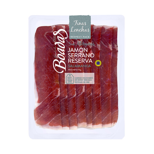 Jamón serrado reserva, con curación mínima de 12 meses y cortado en finas lonchas BOADAS 110 g.